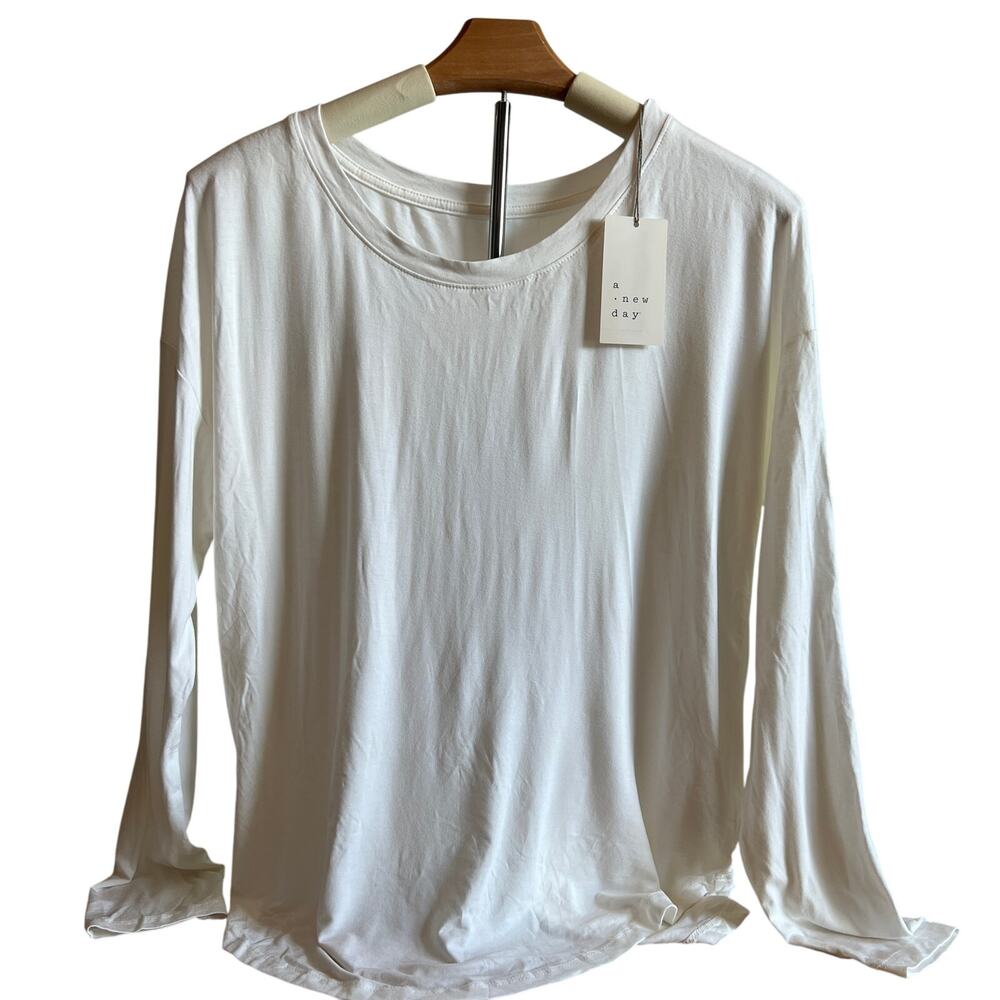 A New Day Women's White Long Sleeve Rayon Crewneck T-Shirt - Size Large - NWT